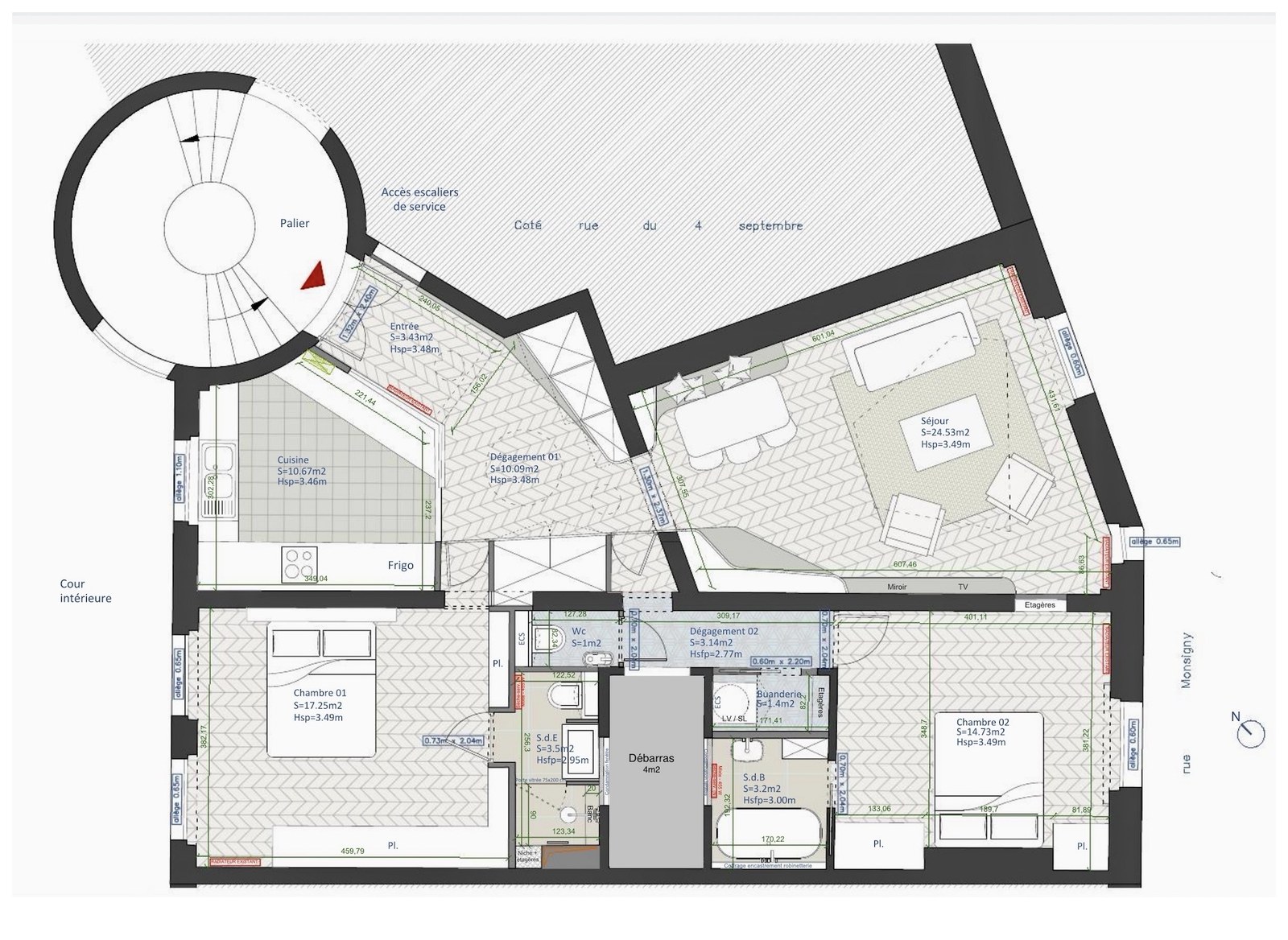 Architectural floor plan of 19 rue Monsigny apartment for sale, Paris 2nd arrondissement — 97 m² (1,044 sq ft) Haussmannian residence with 3 rooms, 2 bedrooms, 2 bathrooms, 3.50 m ceilings, oriented between rue du 4 Septembre and rue Monsigny