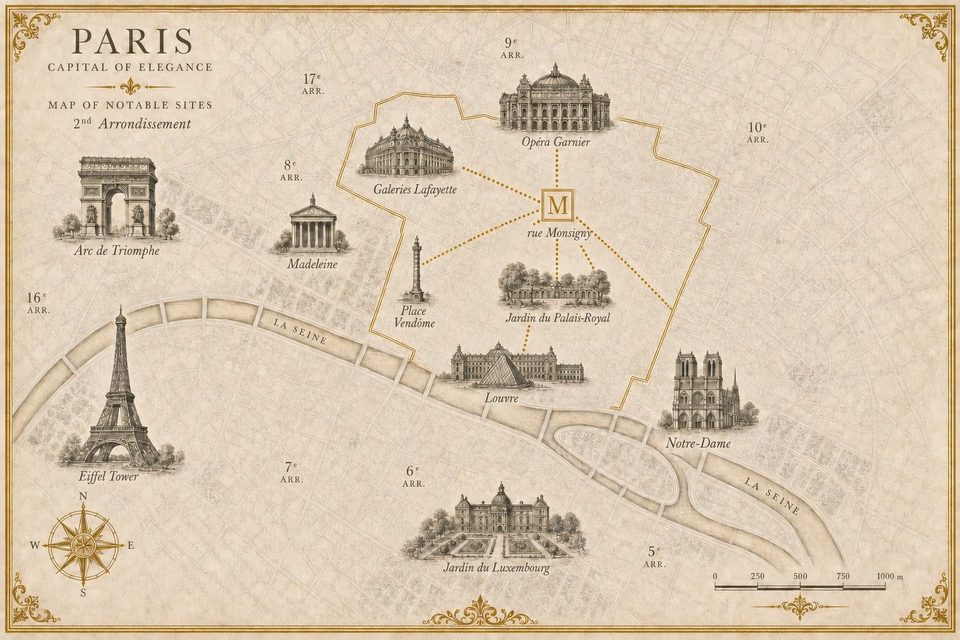 Hand-drawn editorial map of central Paris — Capital of Elegance — showing 19 rue Monsigny in the 2nd arrondissement, with sightlines to the Opéra Garnier, Galeries Lafayette, Place Vendôme, Jardin du Palais-Royal and the Louvre