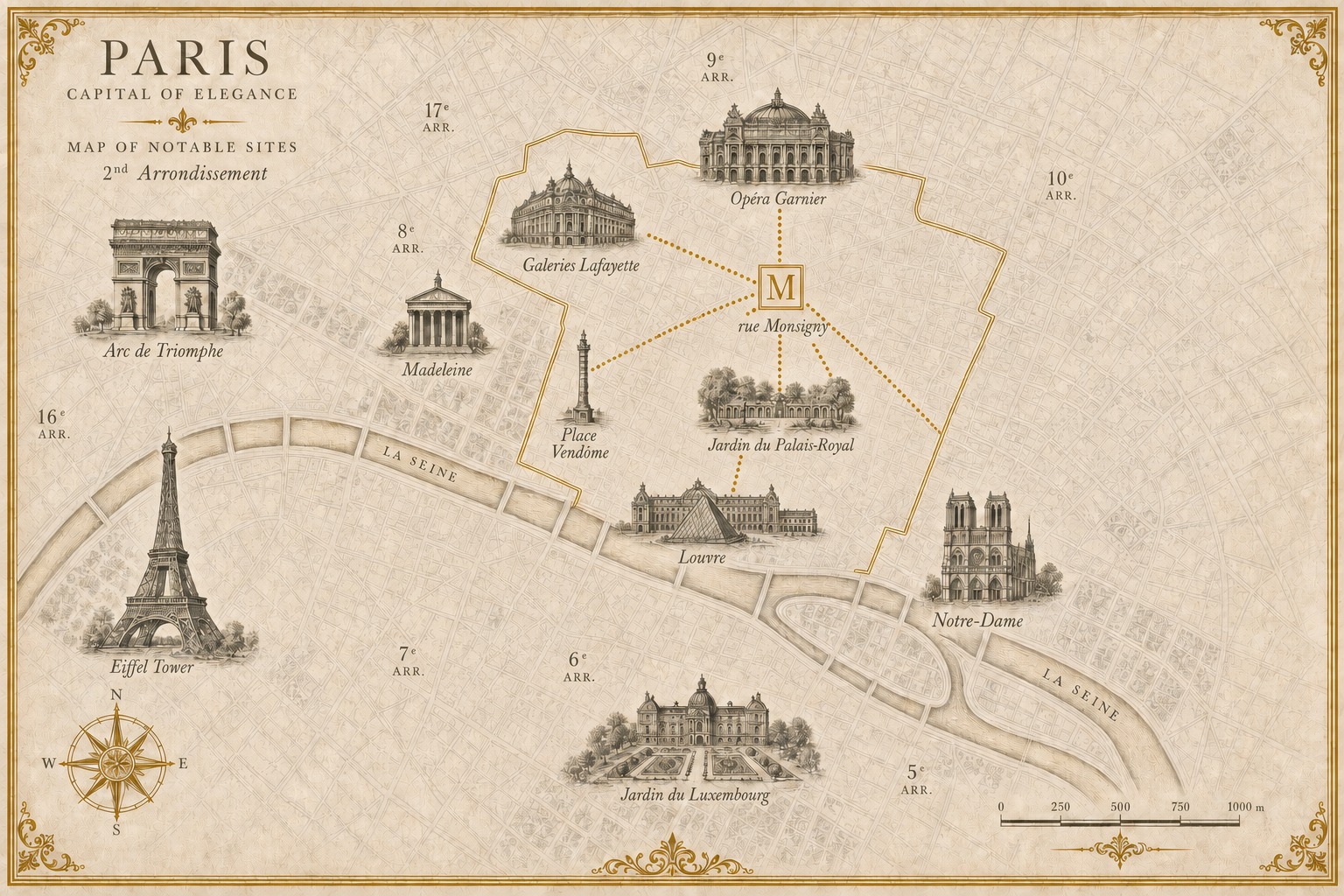 Hand-drawn editorial map of central Paris — Capital of Elegance — showing 19 rue Monsigny in the 2nd arrondissement, with sightlines to the Opéra Garnier, Galeries Lafayette, Place Vendôme, Jardin du Palais-Royal and the Louvre